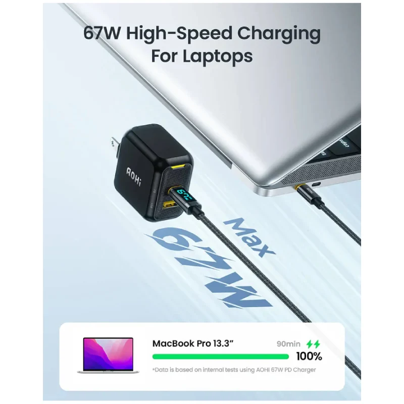 شاحن أوهي ماج كيوب GaN قابل للطي بمنفذين - 67 واط / USB-C / USB-A / أصفر