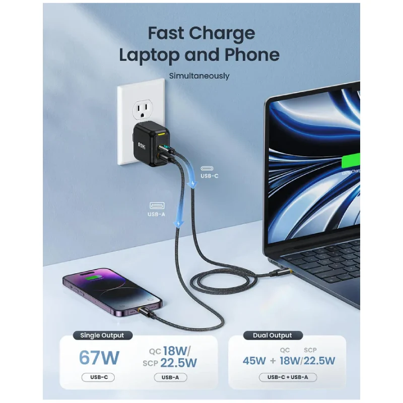 شاحن أوهي ماج كيوب GaN قابل للطي بمنفذين - 67 واط / USB-C / USB-A / أصفر