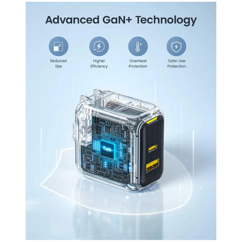 شاحن أوهي ماج كيوب GaN قابل للطي بمنفذين - 67 واط / USB-C / USB-A / أصفر