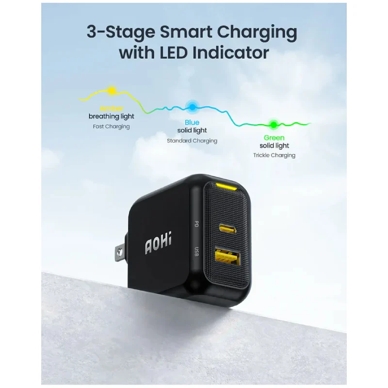 شاحن أوهي ماج كيوب GaN قابل للطي بمنفذين - 67 واط / USB-C / USB-A / أصفر