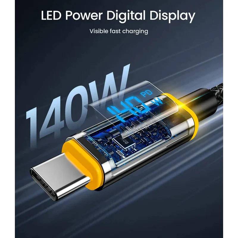 كابل إيه أو هاي ماج لاين من النايلون مع شاشة رقمية LED، بقدرة 140 واط، بسرعة 480 ميجابت في الثانية، يو إس بي-C، بطول 1.2 متر، باللون الأسود