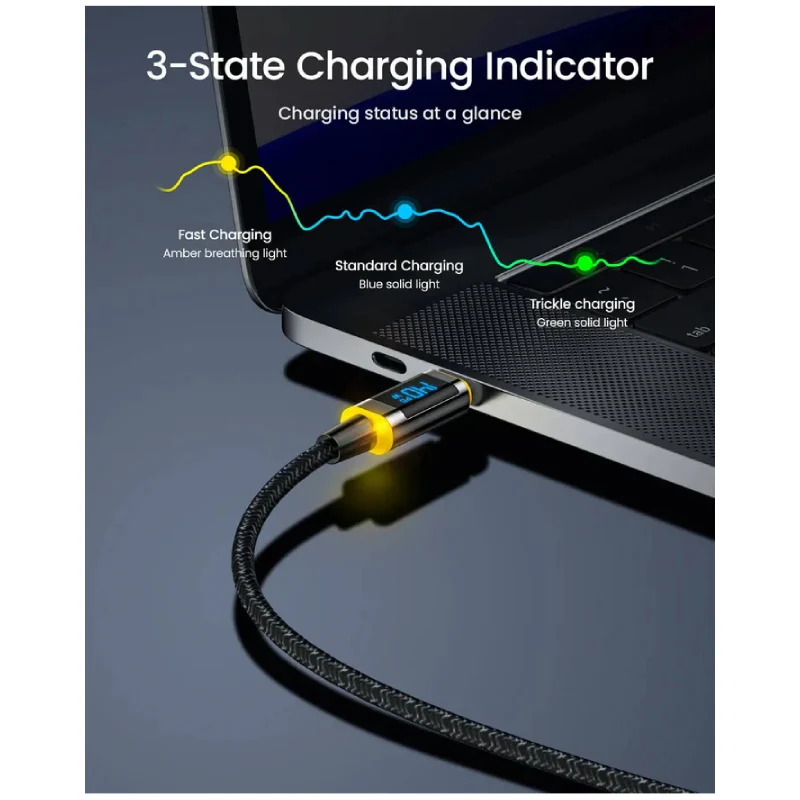 كابل إيه أو هاي ماج لاين من النايلون مع شاشة رقمية LED، بقدرة 140 واط، بسرعة 480 ميجابت في الثانية، يو إس بي-C، بطول 1.2 متر، باللون الأسود
