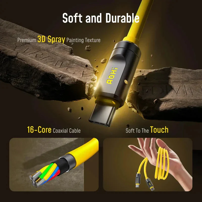 كابل AOHi فيوتشر ثندربولت 5.0، 240 واط، USB-C، 1 متر، أصفر