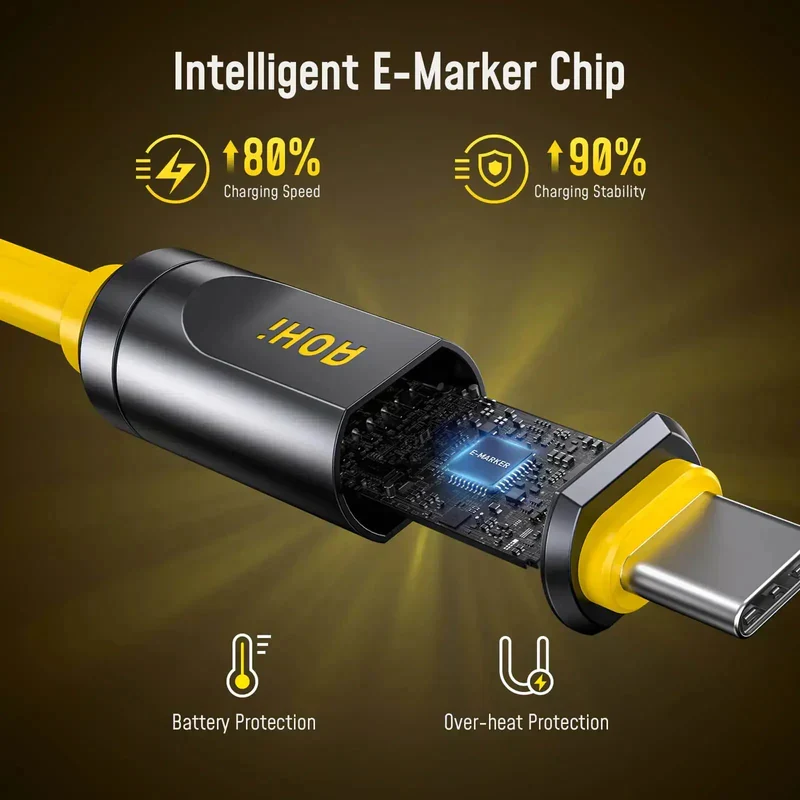 كابل AOHi فيوتشر ثندربولت 5.0، 240 واط، USB-C، 1 متر، أصفر