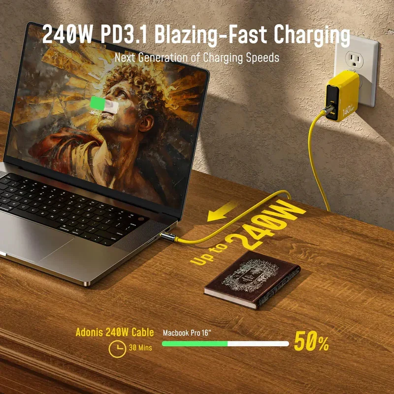 كابل AOHi فيوتشر ثندربولت 5.0، 240 واط، USB-C، 1 متر، أصفر