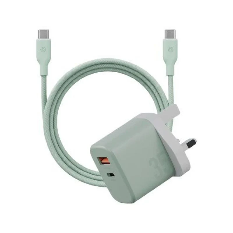 طقم بيزيك جو بورت فيلوكس، شاحن بمنفذ USB-C ومنفذ USB-A بقدرة 35 واط (قابس بريطاني) مع كابل ويف - فستقي