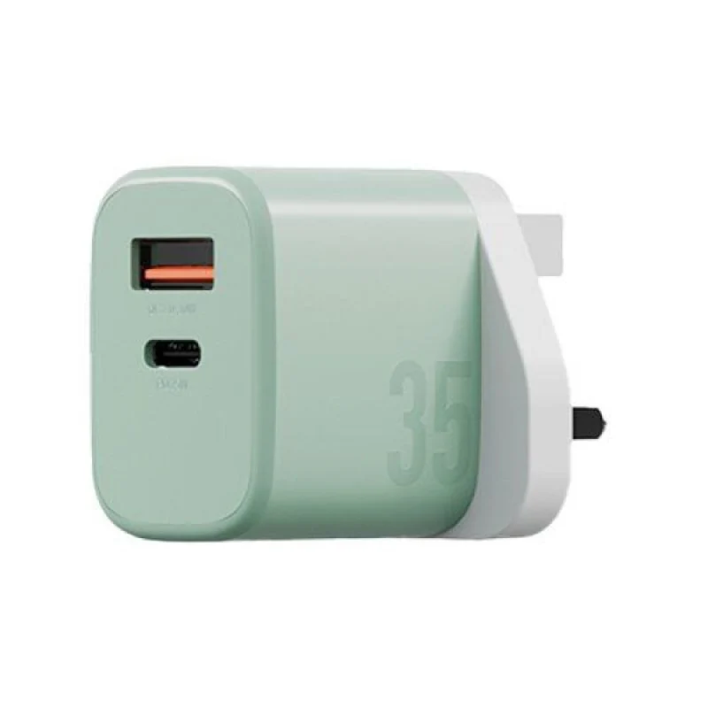 طقم بيزيك جو بورت فيلوكس، شاحن بمنفذ USB-C ومنفذ USB-A بقدرة 35 واط (قابس بريطاني) مع كابل ويف - فستقي