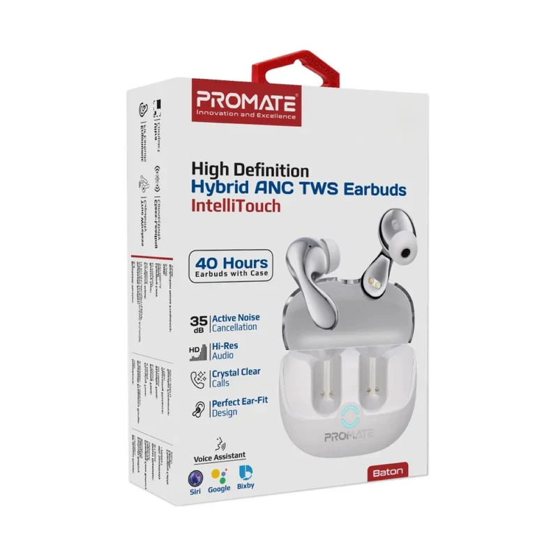 PROMATE Baton Hybrid ANC TWS Earbuds - Bluetooth / 500mAh / White