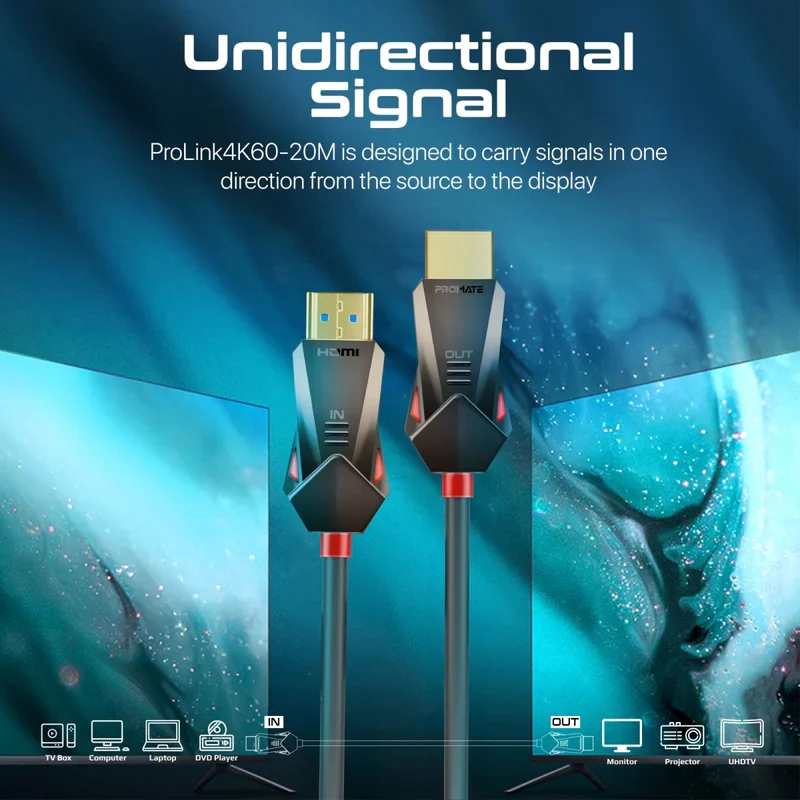 كابل صوت وفيديو HDMI 2.0 أحادي الاتجاه بروميت HD بدقة 4K@60Hz، 20 متر، 18 جيجابت في الثانية، أسود