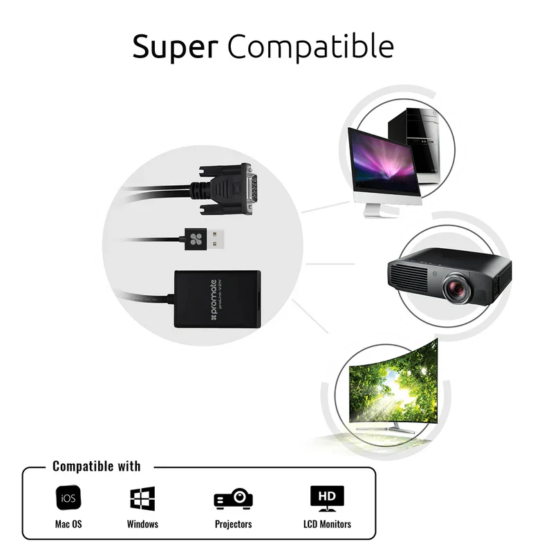 محول بروميت VGA إلى إتش دي إم آي، بدقة تصل إلى 1920 × 1080 / أسود