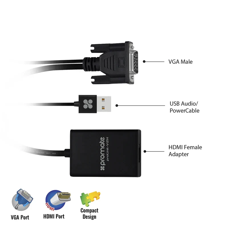 محول بروميت VGA إلى إتش دي إم آي، بدقة تصل إلى 1920 × 1080 / أسود