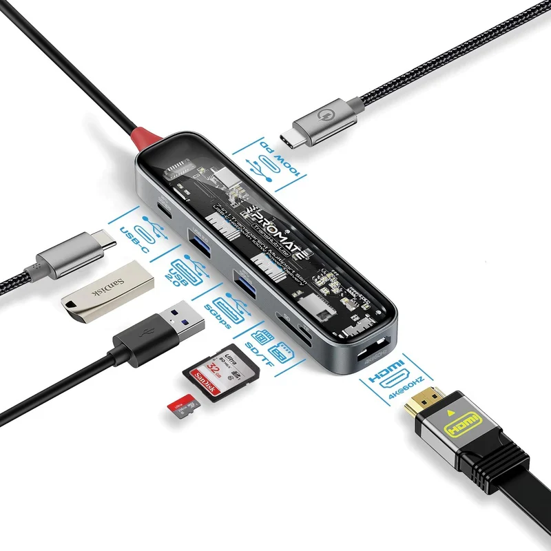 موزع يو إس بي-C شفاف من بروميت، 7 في 1، يو إس بي-C، HDMI، يو إس بي 3.0