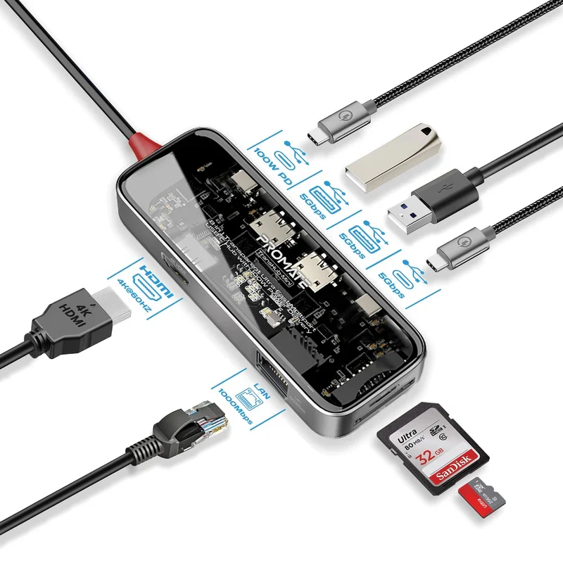 موزع بروميت يو إس بي-C شفاف 8 في 1، يو إس بي-C، HDMI، يو إس بي 3.0