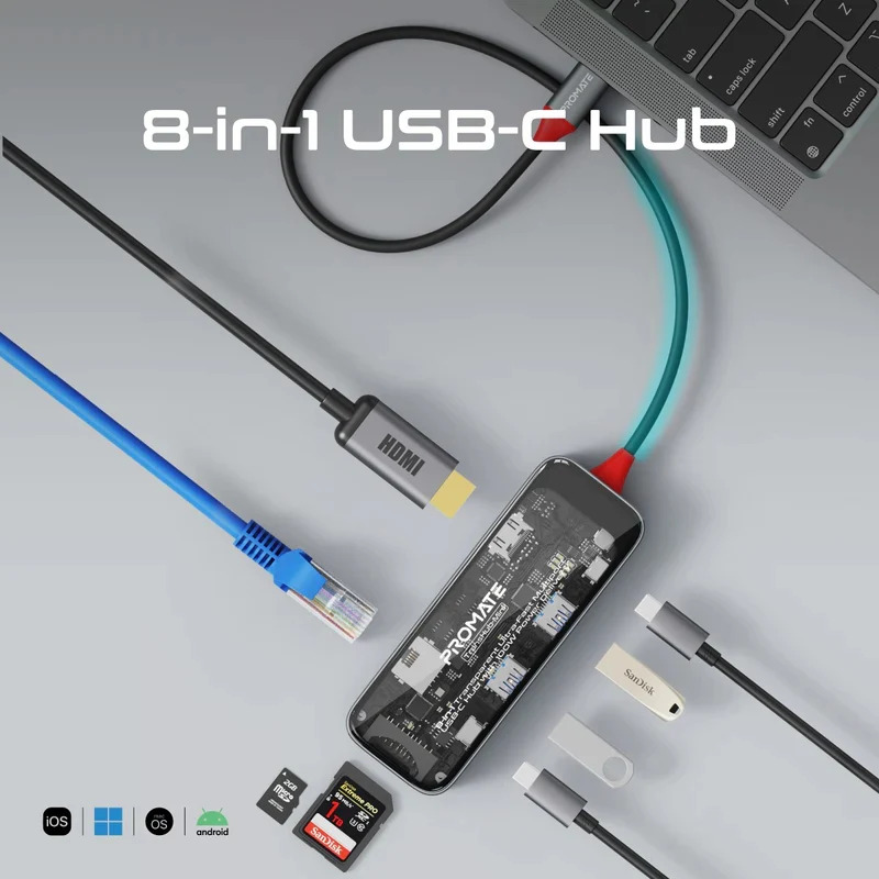 موزع بروميت يو إس بي-C شفاف 8 في 1، يو إس بي-C، HDMI، يو إس بي 3.0