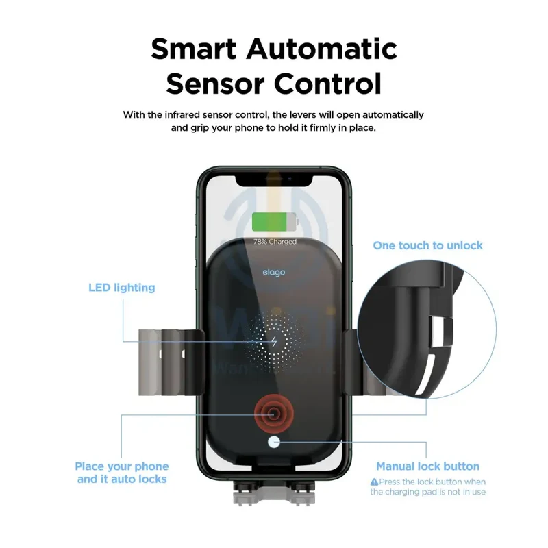 Elago Wireless Car Fast Charger with Auto-Clamping Car Mount - Black