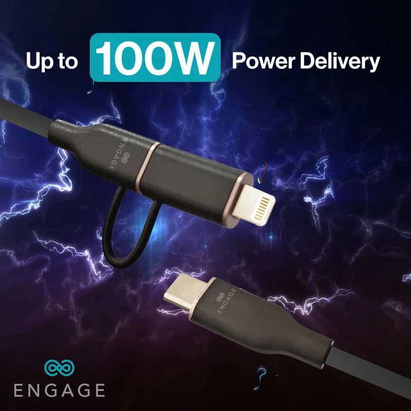 Engage Super Soft Silicone C To Usb-C Cable W/Lightning Adpter Bk 8954526522396