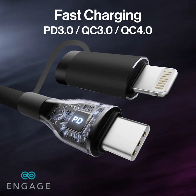Engage Super Soft Silicone C To Usb-C Cable W/Lightning Adpter Bk 8954526522396