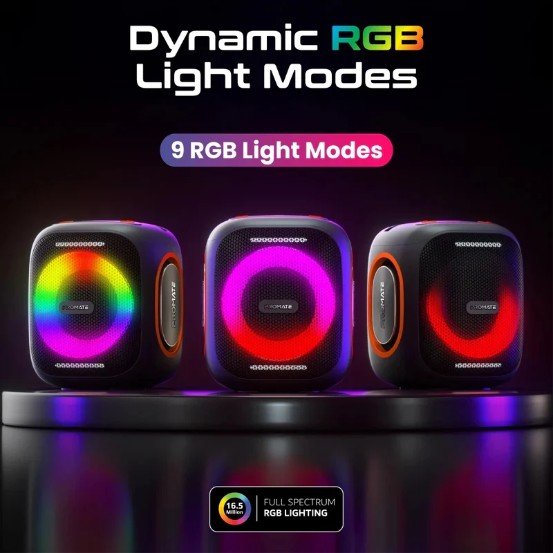 مكبر صوت بروميت لومي ساوند HD لاسلكي بالكامل مع إضاءة RGB، بقدرة 40 واط، بلوتوث 5.3، بطارية بسعة 6000 مللي أمبير