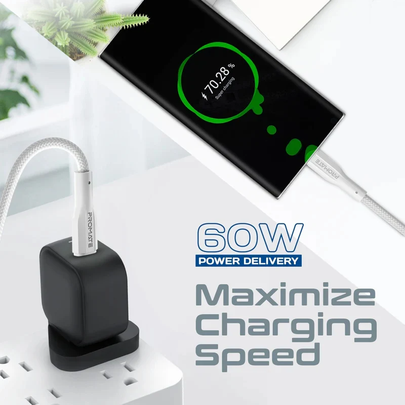 كابل بيانات وشحن بروميت XCord-CC200 بمقاومة شد عالية، يو إس بي-C، بطول 2 متر، بسرعة 480 ميجابت في الثانية، باللون الأبيض
