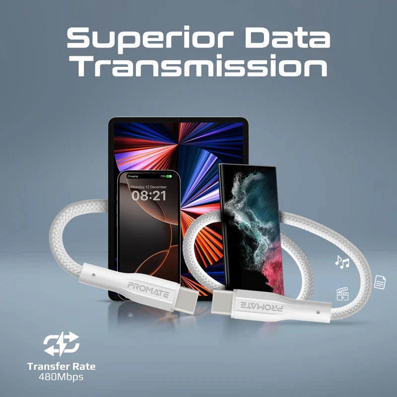 كابل بيانات وشحن بروميت XCord-CC200 بمقاومة شد عالية، يو إس بي-C، بطول 2 متر، بسرعة 480 ميجابت في الثانية، باللون الأبيض