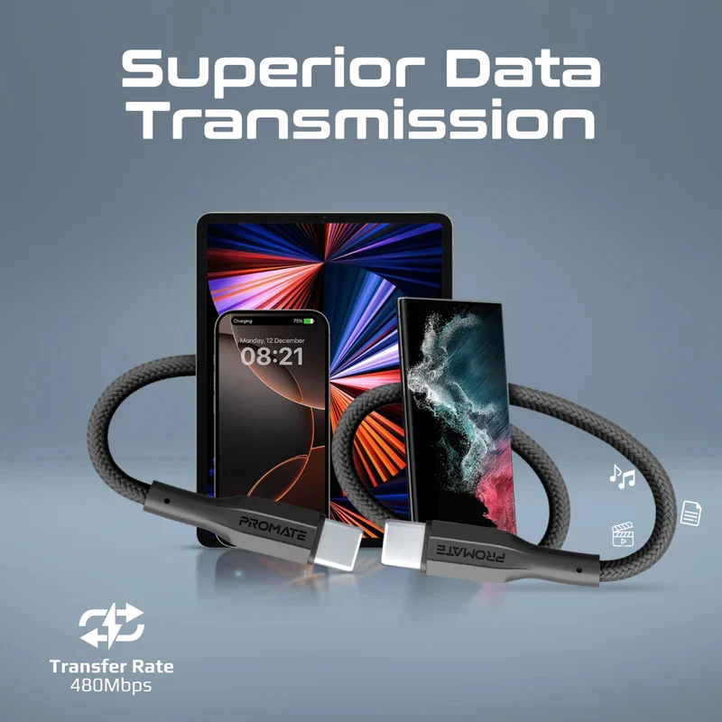 كابل بيانات وشحن بروميت إكس كورد-CC200 عالي مقاومة الشد - 2 متر / 480 ميجابت/ثانية / USB-C / أسود