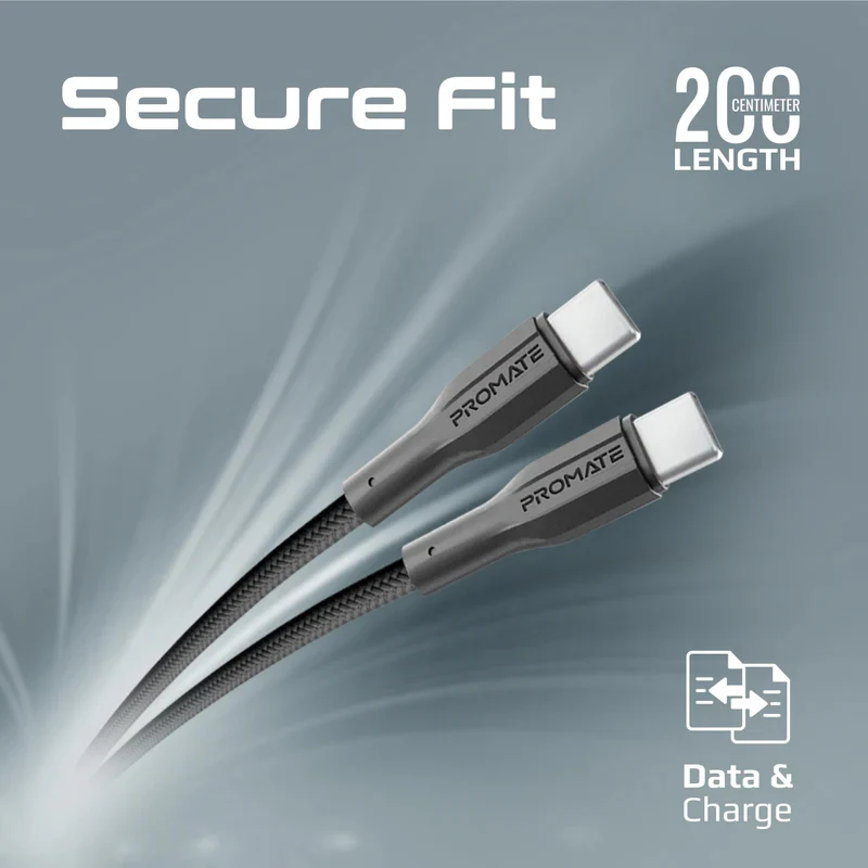 كابل بيانات وشحن بروميت إكس كورد-CC200 عالي مقاومة الشد - 2 متر / 480 ميجابت/ثانية / USB-C / أسود