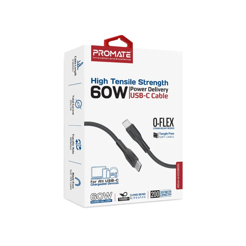 كابل بيانات وشحن بروميت إكس كورد-CC200 عالي مقاومة الشد - 2 متر / 480 ميجابت/ثانية / USB-C / أسود