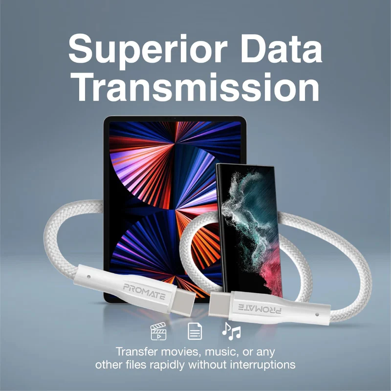 كابل بيانات وشحن بروميت XCord-CC بمقاومة شد عالية، يو إس بي-C، بطول 1 متر، بسرعة 480 ميجابت في الثانية، باللون الأبيض