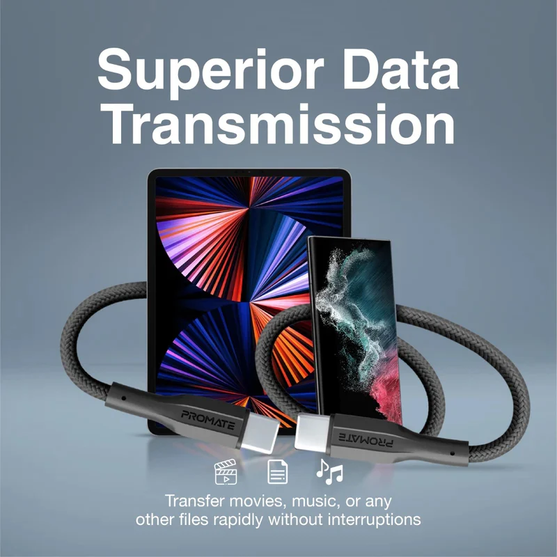 كابل بروميت XCord-CC قوي للشحن ونقل البيانات - متر واحد / 480 ميجابت/ثانية / USB-C / أسود