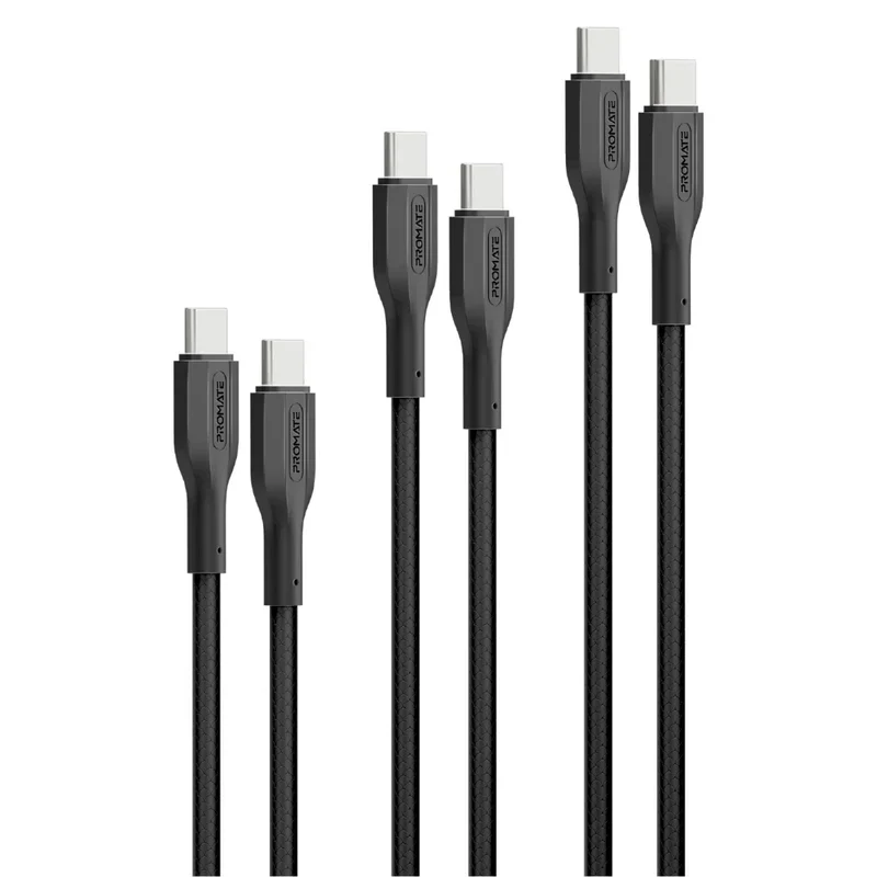 كابل شحن بروميت كيبل كيت-سي سي عالي قوة الشد، قدرة 60 واط، سرعة 480 ميجابت في الثانية، USB-C، باللون الأسود، حزمة من 3 قطع