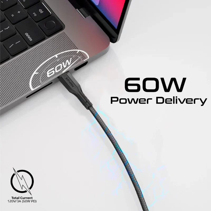 كابل شحن بروميت كيبل كيت-سي سي عالي قوة الشد، قدرة 60 واط، سرعة 480 ميجابت في الثانية، USB-C، باللون الأسود، حزمة من 3 قطع