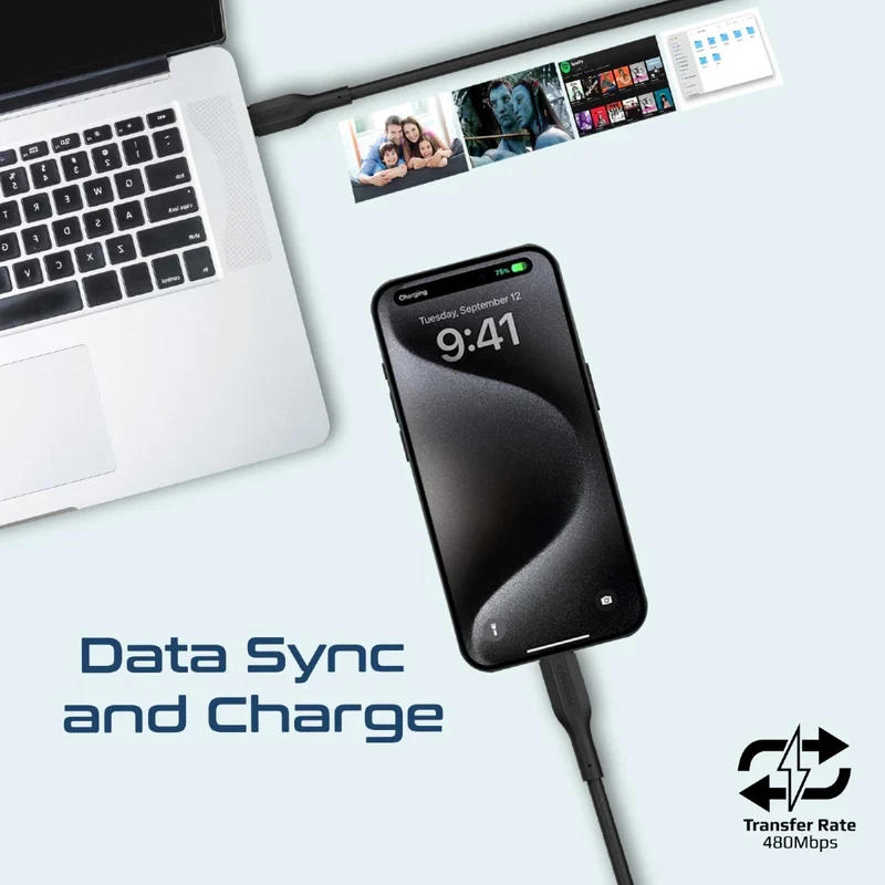 كابل شحن بروميت كيبل كيت-سي سي عالي قوة الشد، قدرة 60 واط، سرعة 480 ميجابت في الثانية، USB-C، باللون الأسود، حزمة من 3 قطع