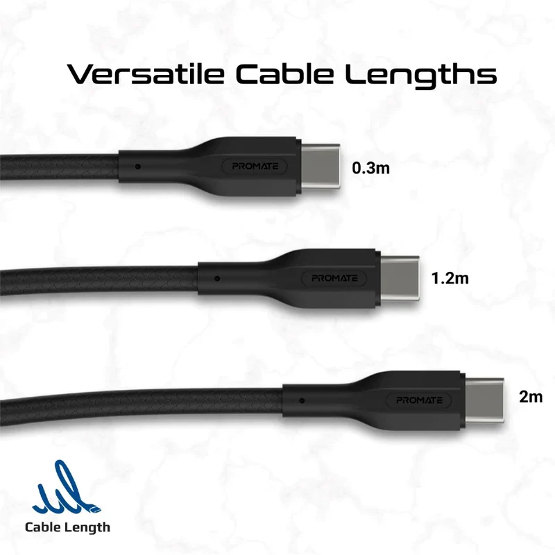 كابل شحن بروميت كيبل كيت-سي سي عالي قوة الشد، قدرة 60 واط، سرعة 480 ميجابت في الثانية، USB-C، باللون الأسود، حزمة من 3 قطع