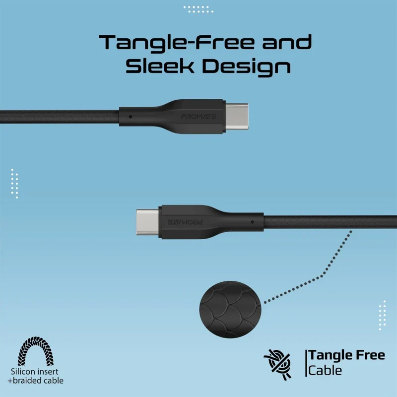 كابل شحن بروميت كيبل كيت-سي سي عالي قوة الشد، قدرة 60 واط، سرعة 480 ميجابت في الثانية، USB-C، باللون الأسود، حزمة من 3 قطع