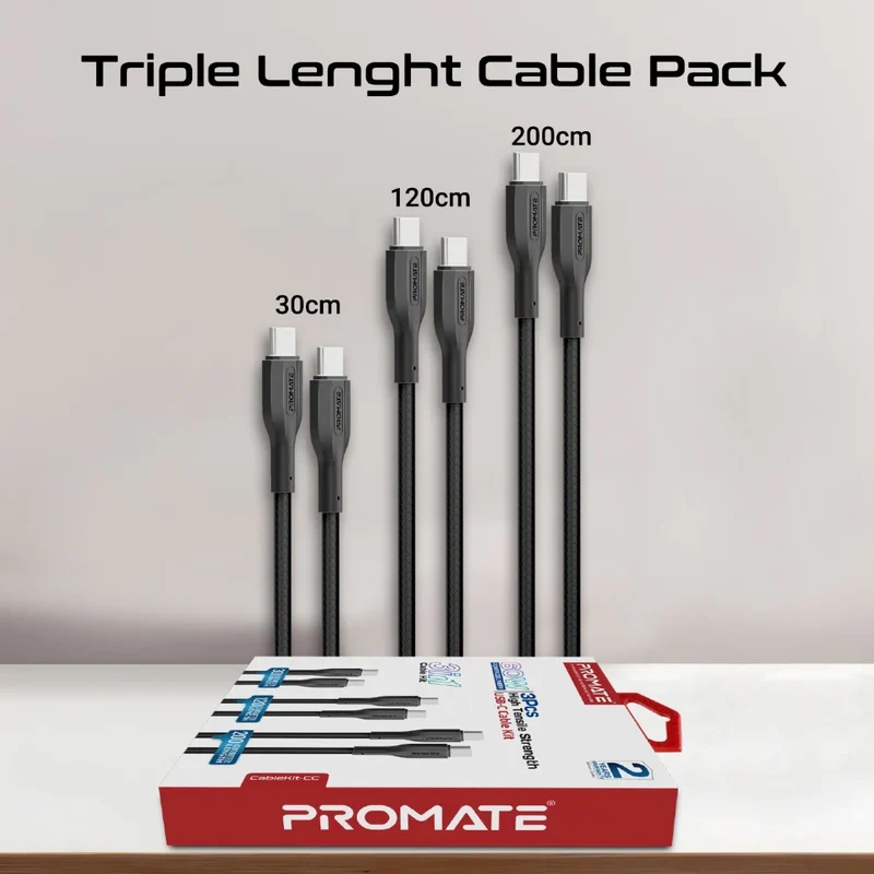 كابل شحن بروميت كيبل كيت-سي سي عالي قوة الشد، قدرة 60 واط، سرعة 480 ميجابت في الثانية، USB-C، باللون الأسود، حزمة من 3 قطع