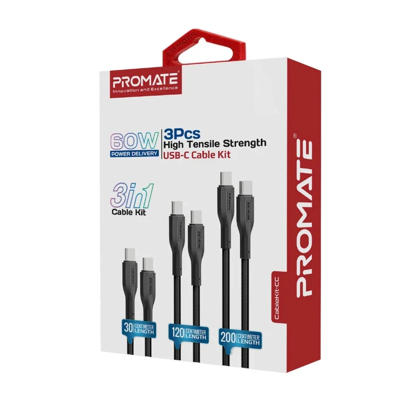 كابل شحن بروميت كيبل كيت-سي سي عالي قوة الشد، قدرة 60 واط، سرعة 480 ميجابت في الثانية، USB-C، باللون الأسود، حزمة من 3 قطع