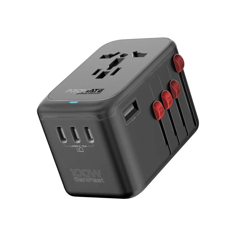 محول سفر متعدد المنافذ بروميت TripMate-GaN100 بتقنية GaNFast - 100 واط / USB-C / USB-A / أسود