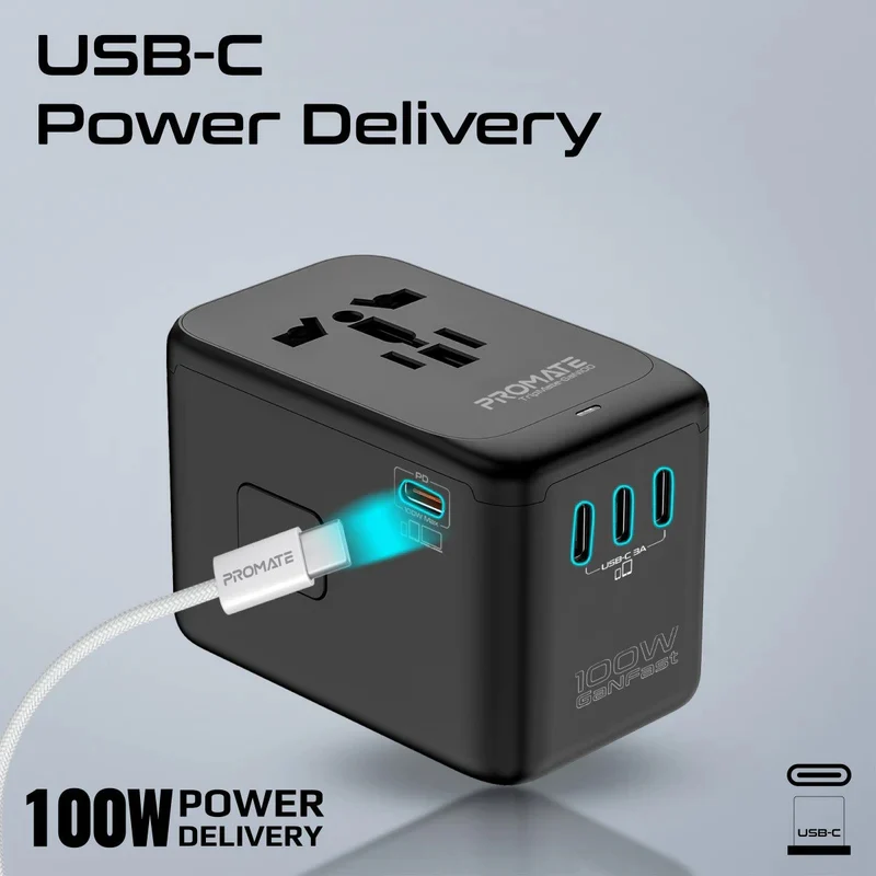 محول سفر متعدد المنافذ بروميت TripMate-GaN100 بتقنية GaNFast - 100 واط / USB-C / USB-A / أسود