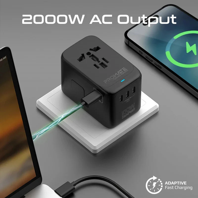 محول سفر متعدد المنافذ بروميت TripMate-GaN100 بتقنية GaNFast - 100 واط / USB-C / USB-A / أسود