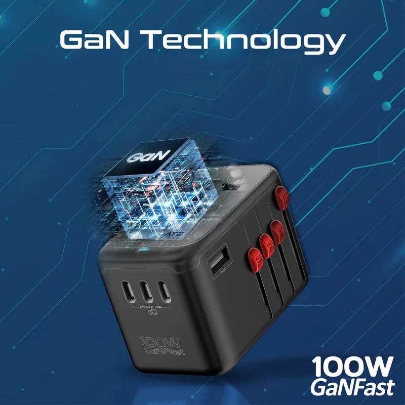 محول سفر متعدد المنافذ بروميت TripMate-GaN100 بتقنية GaNFast - 100 واط / USB-C / USB-A / أسود