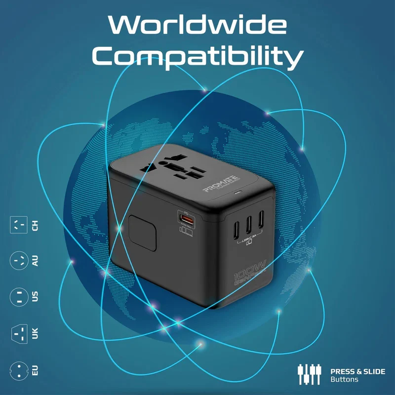 محول سفر متعدد المنافذ بروميت TripMate-GaN100 بتقنية GaNFast - 100 واط / USB-C / USB-A / أسود