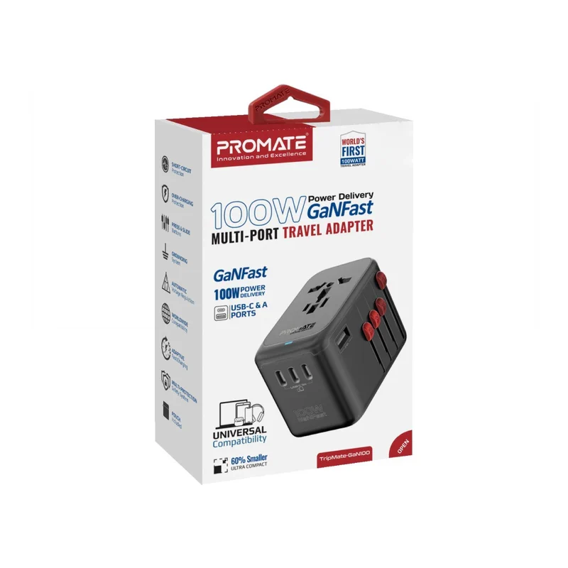 محول سفر متعدد المنافذ بروميت TripMate-GaN100 بتقنية GaNFast - 100 واط / USB-C / USB-A / أسود