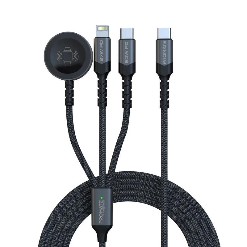 PROMATE iCharge-Trio 5-in-1 Multi-Connector Cable - 1.5 Meter / 480Mbps / USB-C / Lightning / Black