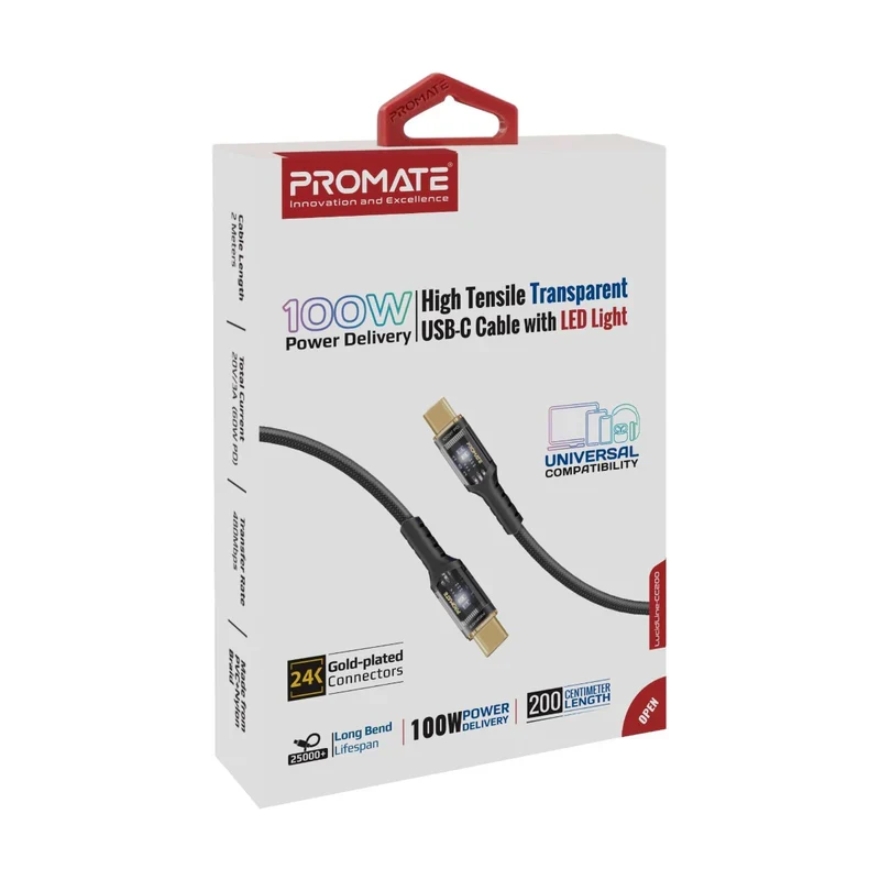 PROMATE LucidLine-CC200 High Tensile Power Delivery Charge Cable - 2 Meter / 480Mbps / USB-C / Black
