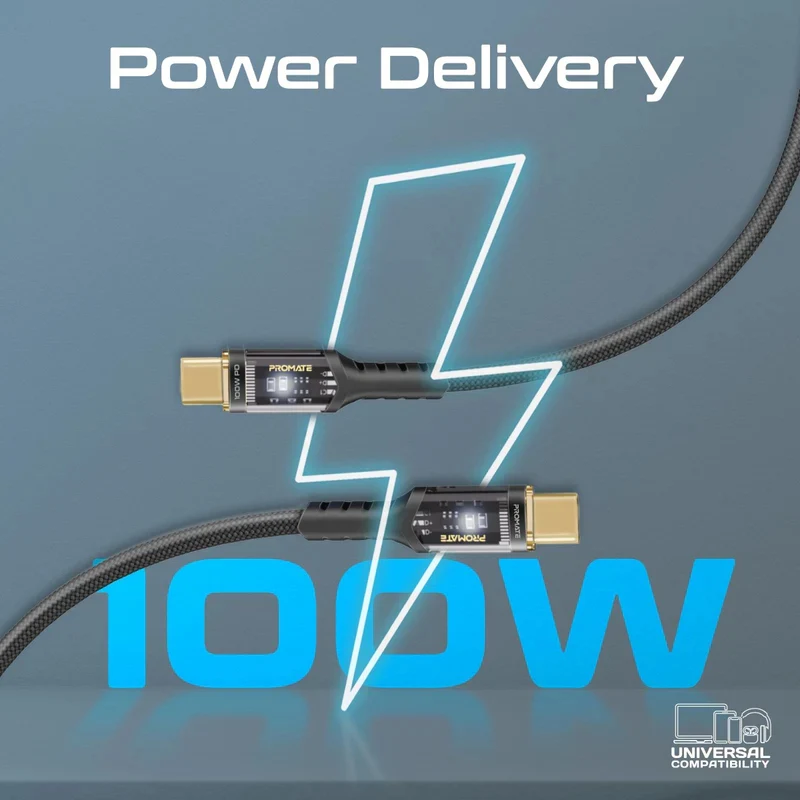 PROMATE LucidLine-CC200 High Tensile Power Delivery Charge Cable - 2 Meter / 480Mbps / USB-C / Black
