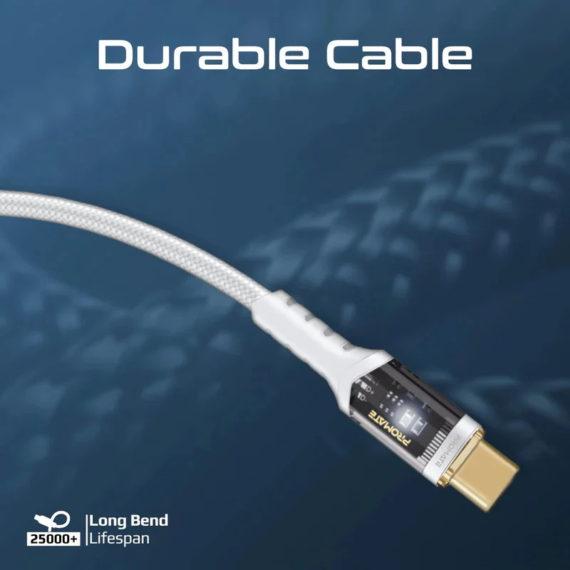 PROMATE LucidLine-CC200 High Tensile Power Delivery Charge Cable - 2 Meter / 480Mbps / USB-C / White