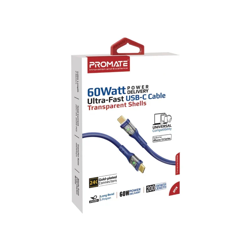 PROMATE TransLine-CC200 Power Delivery Ultra-Fast Charge Cable - 2 Meter / 480Mbps / USB-C / Navy