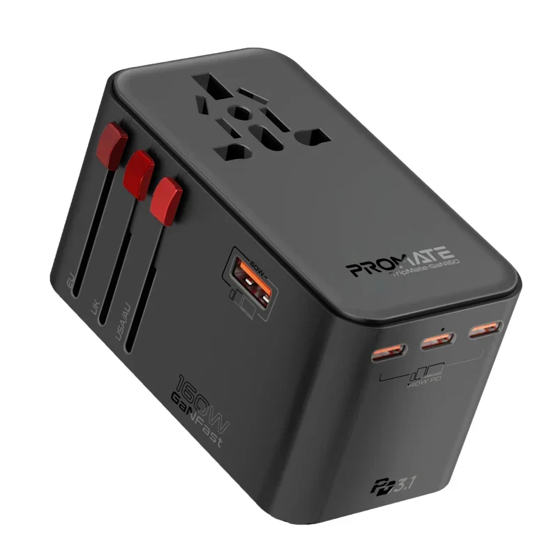 محول سفر عالمي بروميت تريب ميت-GaN160 بتقنية GaNFast - 160 واط / USB-C / USB-A / أسود