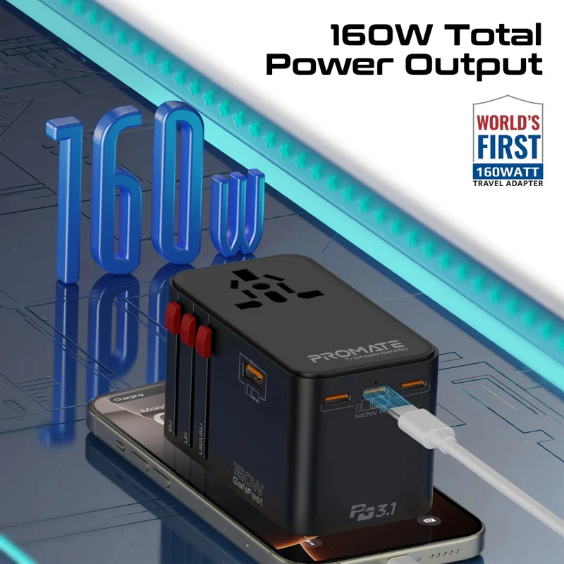 محول سفر عالمي بروميت تريب ميت-GaN160 بتقنية GaNFast - 160 واط / USB-C / USB-A / أسود