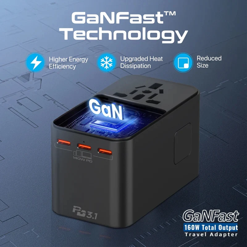 محول سفر عالمي بروميت تريب ميت-GaN160 بتقنية GaNFast - 160 واط / USB-C / USB-A / أسود